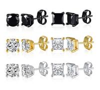 MDFUN 6 Pairs Stud Earrings Set 316L Stainless Steel/Brass 3-7MM Hypoallergenic Silver|Gold|Black Round & Square 5 Cubic Zirconia Earring Jewelry for Men Women, 7 mm, Stainless Steel, Cubic Zirconia
