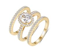 MDFUN Three in One Round/Oval/Eye/Teardrop Halo Wedding Bands Set Engagement Rings 18K Yellow Gold Plated Cubic Zirconia Promise Eternity Band for Women Size 5-10, 4 UK, Brass, Cubic Zirconia