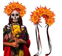 mdgfge Women's Mexican Day of the Dead Fall Headband with Orange Rose Floral Flower Crown Headpiece for Halloween Party Supplies