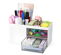 MDHAND Office Desk Organiser, Desk Organiser with 3 Compartments and 2 Small Drawers, Office Supplies and Desk Accessories, Office Organiser for Boys, Girls and Children, White