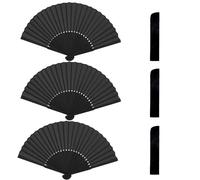 MDLSDE 3 Pack Black Silk Fabric Hand Fans, Folding Hand Chinese Fan Handheld for Dancing Cosplay Props Wedding Preference Performance Party Home Decorations Festival Birthday Gifts Black