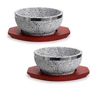 MDLUU 2 Pcs Dolsot Bibimbap Bowl, Granite Stone Bowl with Wood Base, Dolsot Pot for Korean Soup, Rice and Stew