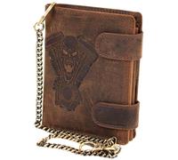 MDM Biker Genuine Leather Wallet with Metal Chain and Skull V-Twin Embossing, brown, 10.0 X 12.5 X 2.5 Centimeters, biker