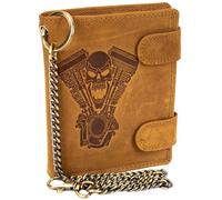 MDM Biker Genuine Leather Wallet with Metal Chain and Skull V-Twin Embossing, light brown, 10.0 X 12.5 X 2.5 Centimeters, biker
