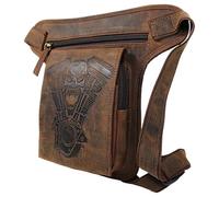 MDM Biker Leg Bag Genuine Leather Thigh Bag Vintage Skull Motorblock Embossing, brown, Standard, Motorcycle biker