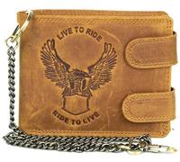 MDM Biker Men's Wallet Black Genuine Leather with Chain and Eagle Embossing - Wallet with RFID Protection, Cognac, 10.0 X 12.5 X 2.5 Centimeters, biker