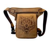 MDM Men's Motorcycle Vintage Leg Bag with Thigh Strap Wolf Motif, Cognac, Standard, Motorcycle biker