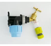 MDPE Compression Wall Plate Elbow (32mm) with 1/2" Brass Bib Tap & Fine Gauze Filter + Snap On Hose Connector