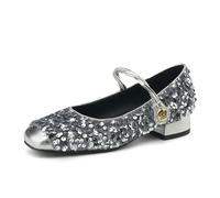 Mdrcg Women's Closed Square Toe Ballet Flats Mary Jane Chunky Low Heels Ankle Strap Pumps with Buckle Sequined Party Dress Shoes,Silver,4
