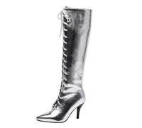 Mdrcg Women's Cross Strap Knee High Boots Pointed Toe Stiletto Heel Heel Long Booties Winter Fashion Style,Silver,7