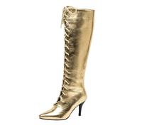 Mdrcg Women's Cross Strap Knee High Boots Pointed Toe Stiletto Heel Heel Long Booties Winter Fashion Style,Gold,8