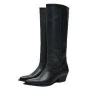 Mdrcg Women's Pointed Toe Stiletto Knee-High Shoes Mid Walking Calf Long Boots Waterproof Solid Color Leather Boots Women's High Heeled Pointed-Toe Western Boots,Black,2.5