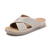 Mdrcg Women's Rhinestone Criss Cross Slide Sandals, Comfortable Wedge Sandals, Soft Sole Open Toe Platform Slippers for Summer Casual Daily Wear,Flesh,3