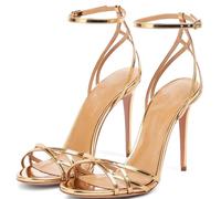 Mdrcg Women's Stiletto Heel Sandals, Ladies Ankle Strap Peep Toe Slingback Evening Party High Heel Pumps Court Shoes,Gold,15