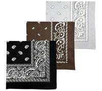 MDSTYLE 3 PCS Extra Large Bandanas 27” x 27” 100% Cotton for Men & Women Paisley Handkerchief Headband Scarf Jumbo Bandana, Black/Brown/Grey, XL