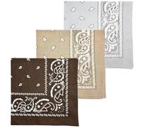 MDSTYLE 3 PCS Extra Large Bandanas 27” x 27” 100% Cotton for Men & Women Paisley Handkerchief Headband Scarf Jumbo Bandana, Brown/Tan/Grey, XL