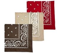 MDSTYLE 3 PCS Extra Large Bandanas 27” x 27” 100% Cotton for Men & Women Paisley Handkerchief Headband Scarf Jumbo Bandana, Brown/Tan/Dark Red, XL