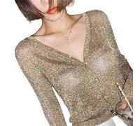 MdybF cardigan Pearl Button Women'S Bright Silk Thin Sweater Coat Sexy V-Neck Knitted Sweater Top Gold And Silver Knitted Cardigan-Gold-M
