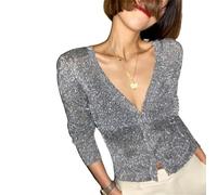 MdybF Cardigan Pearl Button Women's Bright Silk Thin Sweater Coat Sexy V-Neck Knitted Sweater Top Gold and Silver Knitted Cardigan-Silver-L