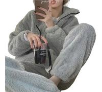 MdybF Pajama sets for women winter Winter Pajama Sets Women Solid Warm Thick Long Sleeve Zip-Up Coral Fleece Comfort Sleepwear Elastic Waist Loose Soft Elegant-Gray Sets-L