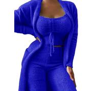 MdybF Womens pyjamas Women'S Matching Sets Autumn Winter Plush Pajamas Set Crop Top Long Pants Coat 3 Pieces Suit Sleepwear Soft Pyjamas-Blue(Long Pants)-S