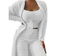 MdybF Womens pyjamas Women'S Matching Sets Autumn Winter Plush Pajamas Set Crop Top Long Pants Coat 3 Pieces Suit Sleepwear Soft Pyjamas-White(Long Pants)-M