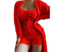 MdybF Womens pyjamas Women'S Matching Sets Autumn Winter Plush Pajamas Set Crop Top Long Pants Coat 3 Pieces Suit Sleepwear Soft Pyjamas-Red(Shorts)-M