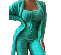 MdybF Womens pyjamas Women'S Matching Sets Autumn Winter Plush Pajamas Set Crop Top Long Pants Coat 3 Pieces Suit Sleepwear Soft Pyjamas-Green(Long Pants)-M