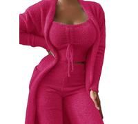 MdybF Womens pyjamas Women'S Matching Sets Autumn Winter Plush Pajamas Set Crop Top Long Pants Coat 3 Pieces Suit Sleepwear Soft Pyjamas-Rose Red(Long Pants)-Xl