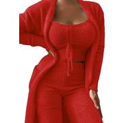MdybF Womens pyjamas Women'S Matching Sets Autumn Winter Plush Pajamas Set Crop Top Long Pants Coat 3 Pieces Suit Sleepwear Soft Pyjamas-Red(Long Pants)-Xl