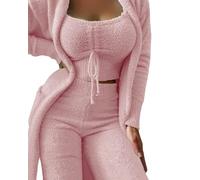 MdybF Womens pyjamas Women'S Matching Sets Autumn Winter Plush Pajamas Set Crop Top Long Pants Coat 3 Pieces Suit Sleepwear Soft Pyjamas-Fen(Long Pants)-Xxl