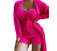 MdybF Womens pyjamas Women'S Matching Sets Autumn Winter Plush Pajamas Set Crop Top Long Pants Coat 3 Pieces Suit Sleepwear Soft Pyjamas-Rose Red(Shorts)-L