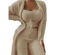 MdybF Womens pyjamas Women'S Matching Sets Autumn Winter Plush Pajamas Set Crop Top Long Pants Coat 3 Pieces Suit Sleepwear Soft Pyjamas-Camel(Long Pants)-M