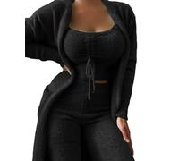 MdybF Womens pyjamas Women'S Matching Sets Autumn Winter Plush Pajamas Set Crop Top Long Pants Coat 3 Pieces Suit Sleepwear Soft Pyjamas-Black(Long Pants)-M