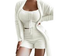 MdybF Womens pyjamas Women'S Matching Sets Autumn Winter Plush Pajamas Set Crop Top Long Pants Coat 3 Pieces Suit Sleepwear Soft Pyjamas-White(Shorts)-M