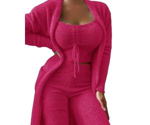 MdybF Womens pyjamas Women'S Matching Sets Autumn Winter Plush Pajamas Set Crop Top Long Pants Coat 3 Pieces Suit Sleepwear Soft Pyjamas
