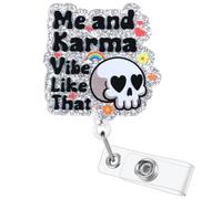 “Me and Karma Vibe Like That Funny Skull Midnights Badge Reel, Retractable ID Card Badge Holder, Name Tag Work Badge Clip for RN LPN CNA MA ER Night Shift Nurse Nursing Student Doctor, Nurse Gifts