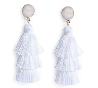 Me&Hz White Summer Tassel Earrings Dangle Drop for Women Girls Handmade Tiered Fringe Big White Earrings Stud Boho Beach Outfit Jewelry Birthday Valentines Mothers Gift