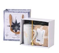 ME JO Ceramic Mug Set - Elegant Ceramic Coffee Mug & Tea Cup with lid Spoon & Towel Portable Coffee Cups for Hot & Cold Beverages, Perfect Mugs Gift for Holidays & Weddings in Box (White)