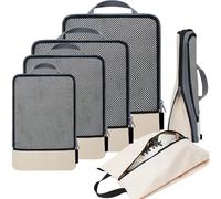 ME JO Compression Packing Cubes for Travel, 6-Piece Set with Shoe & Laundry Bags, Space-Saving Suitcase & Cabin Luggage Organisers, Lightweight Oxford Cloth Travel Storage Cubes Beige