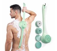 ME JO Electric Body Brush Back Scrubber for Shower | Waterproof Long Handle Silicone with 5 Interchangeable Heads, Dual-Speed Rechargeable Design for Cleansing, Exfoliating & Massaging (Green)
