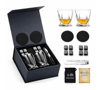 ME JO Whisky Glass and Stones Gift Set, 15-Piece Gift Set with 2 Whisky Glasses, 8 Granite Stones, Stainless Steel Ice Tongs and Black Gift Box for Men, Dad, Husband, Birthday Gifts