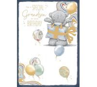 Me To You Tatty Teddy 'For A Special Grandson' Luxury Gold Foil Birthday Card, Bear Wearing Gift Box With Balloons, 7 X 5 Inches - Official Collection