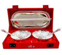 ME & YOU Silver Plated Round Bowl Set with Awesome Box | Royal Gift Set | Golden Serving Try with Bowl & Spoon | Diwali Gift for Friends & Relatives | Corporate Gift | Wedding Gift | Set of 5