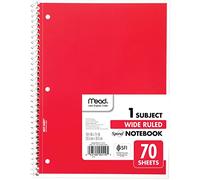 Mead Spiral Notebook, 1 Subject, Wide Ruled Paper, 70 Sheets, 10-1/2" x 8", Red (05510AB5)