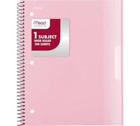 Mead Spiral Notebook, 1 Subject, Wide Ruled Paper, Plastic Cover, 8" x 10-1/2", 100 Sheets, Pastel Pink (930092B)