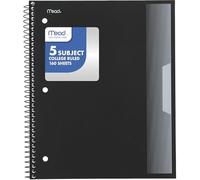 Mead Spiral Notebook, 5 Subject, College Ruled Paper, Plastic Cover, 8-1/2" x 11", 160 Sheets, Black (820206FE)