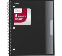 Mead Spiral Notebook, 5 Subject, Wide Ruled Paper, Plastic Cover, 8" x 10-1/2", 160 Sheets, Black (930033FE)
