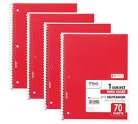 Mead Spiral Notebooks, 1 Subject, Wide Ruled Paper, 70 Sheets, 10-1/2 x 7-1/2 inches, Red, 4 Pack (38112)