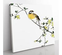 Meadow Bunting Bird & Yellow Flowers by Numata Kashu Asian Japanese Canvas Wall Art Print Ready to Hang, Framed Picture for Living Room Bedroom Home Office Décor, 35x35 cm (14x14 Inch)